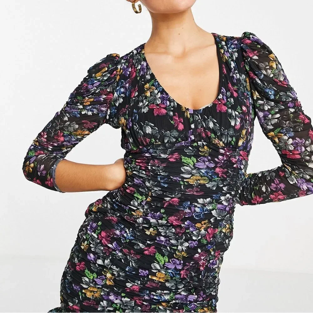 French Connection Dress Womens 2 Zelka Alanna Jersey Colorful Ruched Long Sleeve